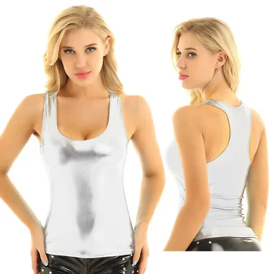 £9.23 • Buy Women's Shiny Metallic Sleeveless Tank Top Liquid Wet Look Cami Vest Clubwear
