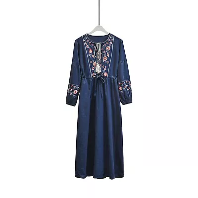 Women Cotton Mexican Ethnic Embroidered Dress Big Swing Boho Maxi Thin Dress • £28.79