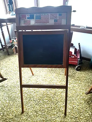 Antique Childs Wooden Folding Easel Slate 2 Sided Chalkboard Travel  Flags  Desk • $75