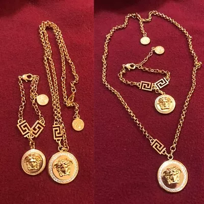 VERSACE NECKLACE AND BRACELET SET MEDUSA RHINESTONE GOLD TONE Perfect Set • $299