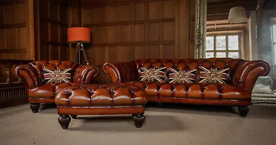 Tetrad Oskar Chesterfield Tan Leather Suite 3/4 Seater Sofa Club Chair & Stool • £2750