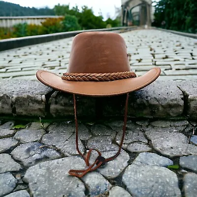 Australian Western Style 100% Real Leather Tan Brown Cowboy Hat Braided Band • £18.47