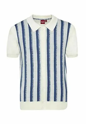 £49.99 • Buy Mens Merc London Knitted Button Through Stripe Polo Shirt Wilmot - Beige
