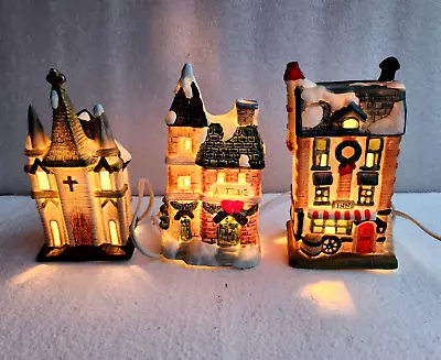 $25 • Buy Vintage Christmas Village 3 Pc Houses Porcelain Lighted Church, Grocery, Inn