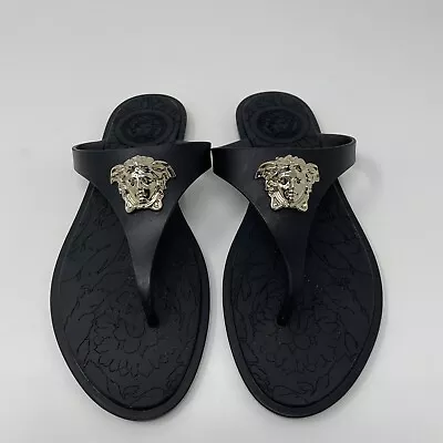 Versace Women’s Sandals Medusa Black & Gold Flip Flops Womans 7 • $133.50