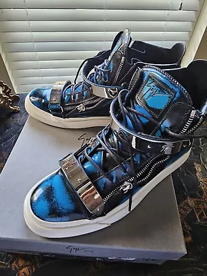 Giuseppe Zanotti  Men Hightop Sneakers SZ 12M EU 46 Blue & White Leather Solid • $249.99