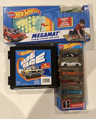 Hot Wheels Mega Mat Play Set With Car Plus Ford Mustang 5pk And 6 Car Case • $21.21