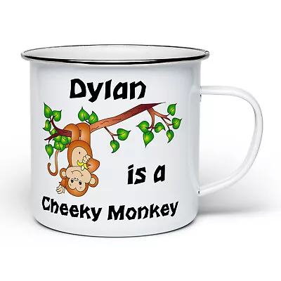 Personalised (Any Name) Is A Cheeky Monkey Enamel Tin Novelty Gift Mug - White • £10.99