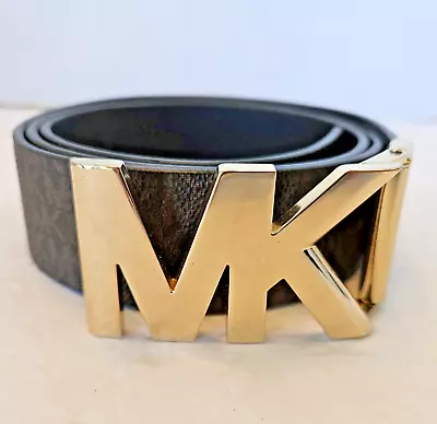 Michael Kors Twist Black Brown Signature MK Gold Logo Reversible Belt Size M L • $24.95