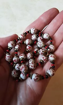 Antique Venetian Splatter Glass Bead Necklace Red Black Spacers 48cm. • £24