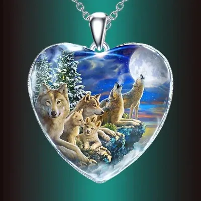 Gray Wolves Howling Animal Totem Heart Shape Pendant Necklace Cool Wolf Jewelry • $9.98
