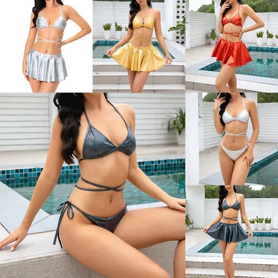 Women's 3 Piece Metallic Swimsuits Halter Triangle String Bikini Set With Beach • $8.72