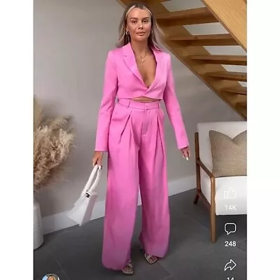 $160 • Buy Zara Set Satin Effect Cropped Blazer And Wide Pants Pink Size XS S XL NEW