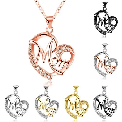 Elegant Mom Heart Necklace Pendant 925 Silver Plated Cubic Zirconia Jewelry • $1.98