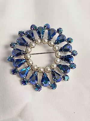 Vintage B.David Round Pin Blue AB Iridescent Pear Shape Stones  • $29.99