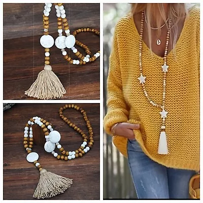 Vintage Style Pine Tree Wooden Beads  Necklace Long Sweater Chain Jewelry • $9.99