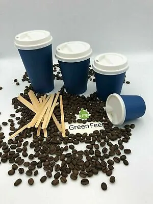 Blue Paper Cups Disposable Coffee Cups For Hot Drinks With Lids CHEAP Party Cups • £18.95