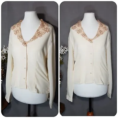 VINTAGE Next 90s Y2k Cream Fitted Top With Lace Collar Size 10 • £20