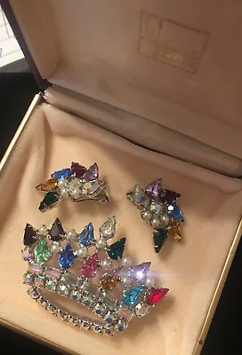 MINT! 1960’s Vintage B. David Rhinestone Crown Brooch Earrings Original Box WOW! • $75