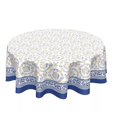 Tablecloth Round 60 Inch Spring Summer Vintage Blue Flower Yellow Floral • $33.17