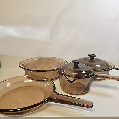 Set Of 4 Vision WARE Visions Corning Anchor Amber Brown Glass Cookware W/ 2 Lids • $75