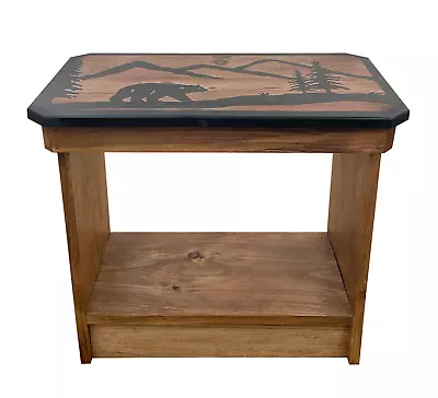 Bear Scene Stained Wood Country Cabin Cottage Shelf End Accent Table • $297.95