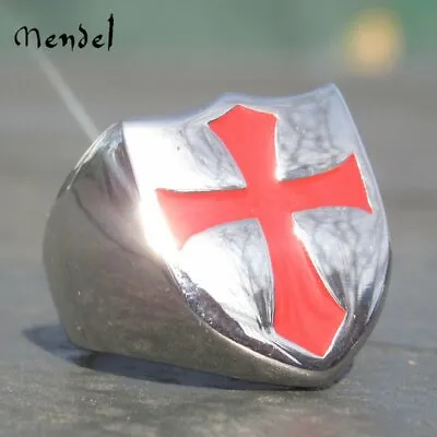 MENDEL Knights Templar Ring Stainless Steel Masonic Crusader Shield Cross Silver • $11.99