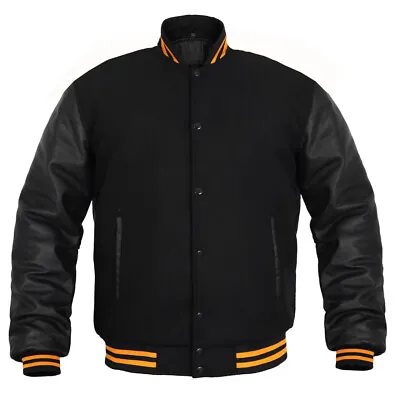 Mens Varsity Jacket Real Cowhide Leather Sleeves Wool Letterman College Jacket • $79.99