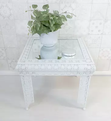 £75 • Buy White Side Table Embossed Moroccan Style Metal Glass (GZ448)