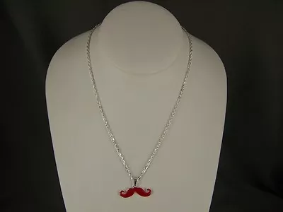 Red Silver Mustache Handlebar Moustache Pendant Charm 16  Long Chain Necklace • $6.99