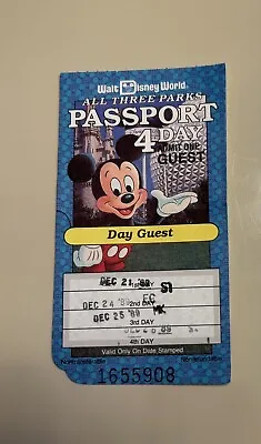 Walt Disney World Vintage 4 Day Passport Ticket Stub 12/21-12/26 1989 • $11.99