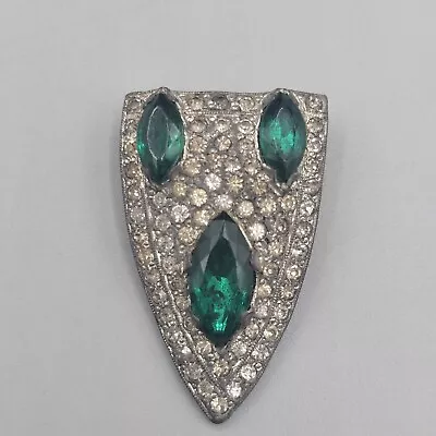 Vintage Art Deco Dress Clip Pot Metal Clear Green Rhinestones Silver Tone Estate • $29.99