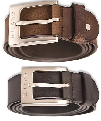 Milano Mens 1 Inch Real Full Grain Leather Belts Silver Buckle Black Brown 2900 • £10.99