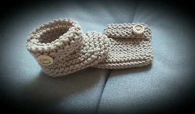 Hand Knitted Baby Booties - Newborn - Beige (pebble) - Choice Of Button Writing • £5.50