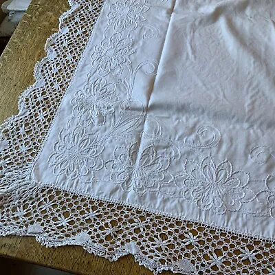 White Cotton Hand Embroidered Lace Edged Tablecloth Vintage Wedding Cake Table • £29.99