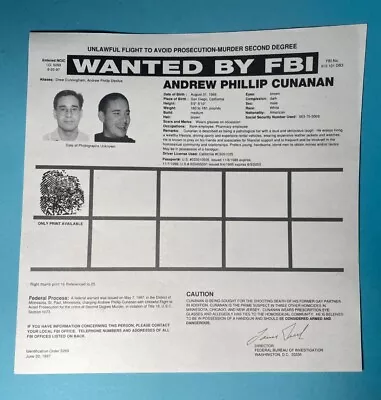 Andrew Cunanan || The Assassination Of Gianni Versace || FBI Wanted Poster!! • $99.95