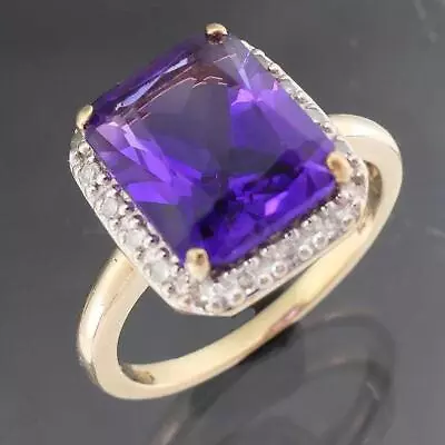 Regal Solid 9k Yellow GOLD AMETHYST & 18 Diamond Halo CLUSTER RING Sz K 1/2 • $275