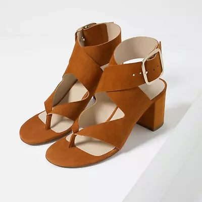 $44.99 • Buy ZARA Suede Leather High Heel Sandals With Buckle Wraparound Strap Whisky Tan 36