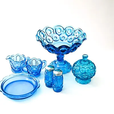 L.E. Smith Moon And Stars Blue Glass Bowls Candy Dish Shakers Bowl Cream And Sug • $78