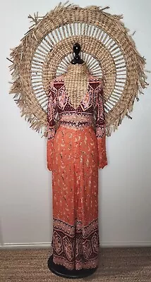 $45.50 • Buy Arnhem Orange Paisley Button Up Plunge V Neck Maxi Dress Size M Gypsy Boho Hippy