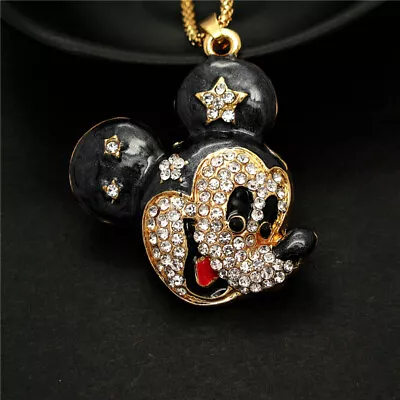 Fashion Women Lovely Mouse Head Black Enamel Crystal Pendant Chain Necklace • $3.95