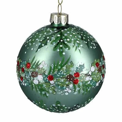 £6.99 • Buy Gisela Graham Christmas - Glass Bauble 8cm - Matt Green/Leaf & Berry Band