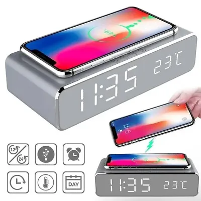 Digital Alarm Clock Thermometer Led Screen 5W Wireless Charger IPhone Time Dock • £19.99