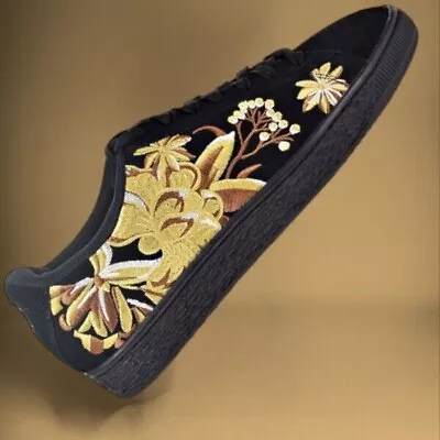 Puma Women Shoes Size 8 US-5.5 Uk-38.5 EUR Black-Gold Suede Hyper Embroidered • £56.77