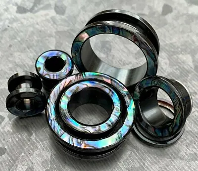 $13.95 • Buy PAIR Abalone Rimmed Black Screw Fit Tunnels Earlets Gauges Plugs Body Jewelry
