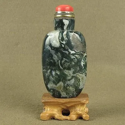 With Red Coral Top Lid Stunning Chinese Moss Agate Snuff Bottle • $230