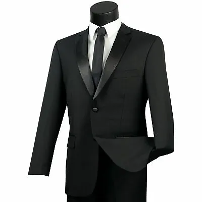 VINCI Men's Black Classic Fit Formal Tuxedo Suit W/ Sateen Lapel & Trim NEW • $110