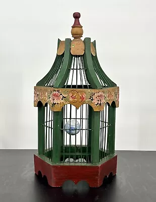 Vintage Shabby Chic Wood And Wire Decorative Bird Cage W/ Asian Porcelain Feeder • $59