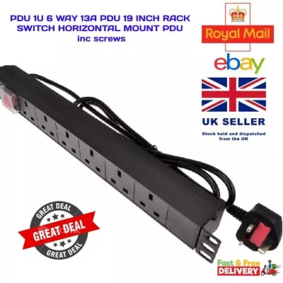 PDU 1U 6 WAY 13A PDU 19 INCH RACK SWITCH HORIZONTAL MOUNT PDU Inc Screws • £19.94