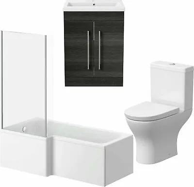 Bathroom Suite LH/RH L Shape Bath Curved Toilet Charcoal Grey Basin Vanity Unit • £609.98